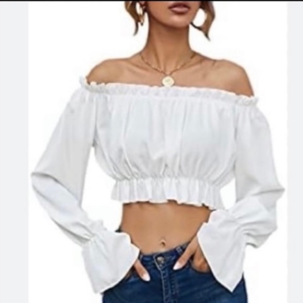 SHEIN White Off-Shoulder Ruffle Crop Top